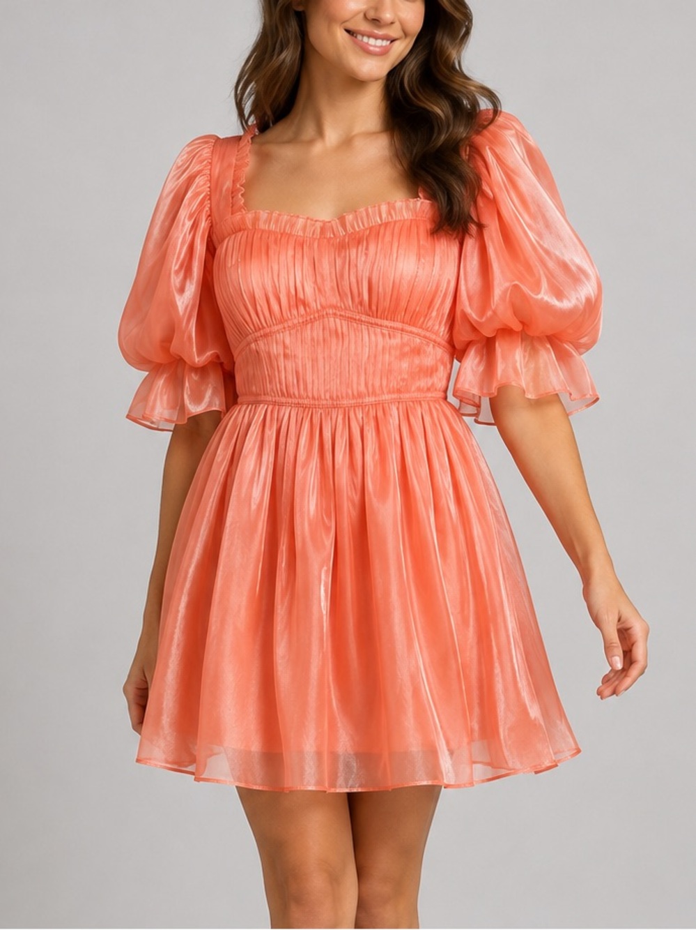 🆕🍑 Adele Berto Size 2 Peach Shimmer Puff Sleeve Lace-Up Mini Dress Party Chic